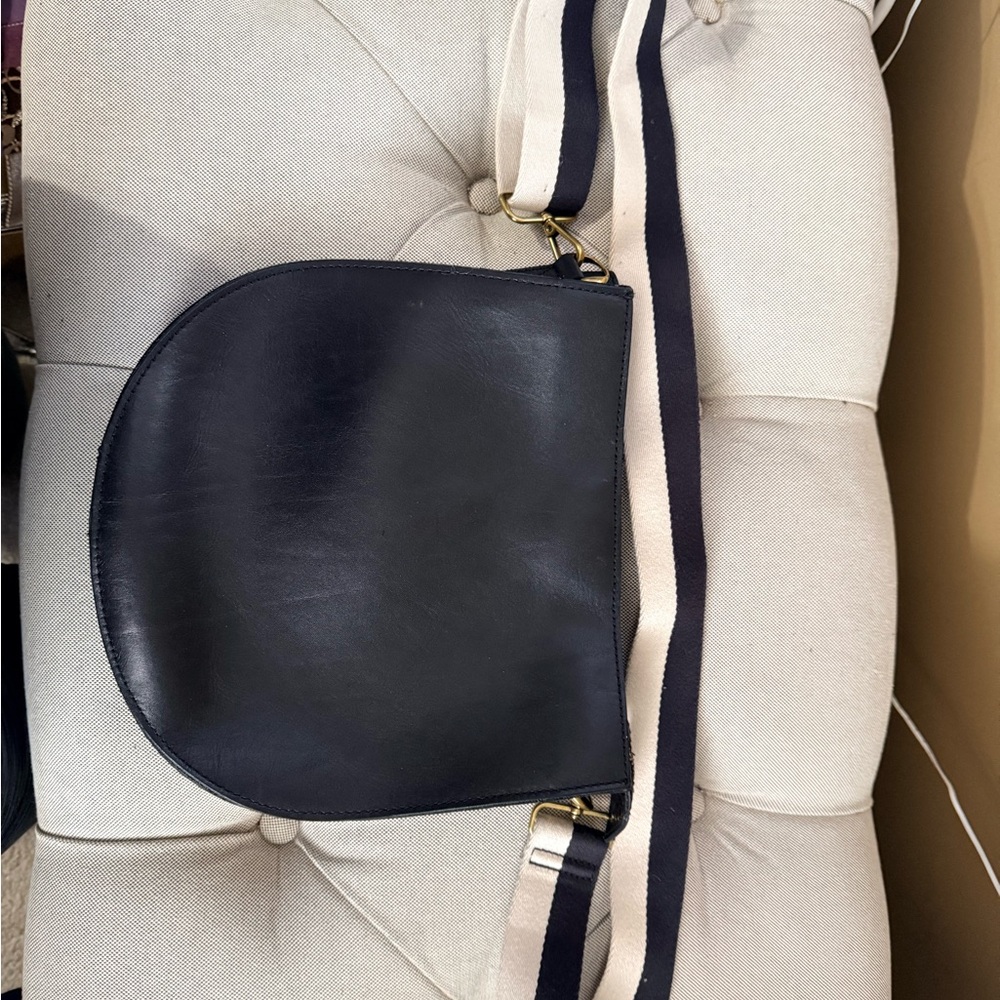 Madewell Black Leather Crossbody Bag with Striped Strap